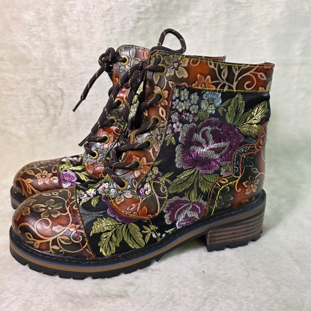 L'Artiste Spring Step Floral Leather Tapestry Ankle Boots combat Women 38 7 7.5